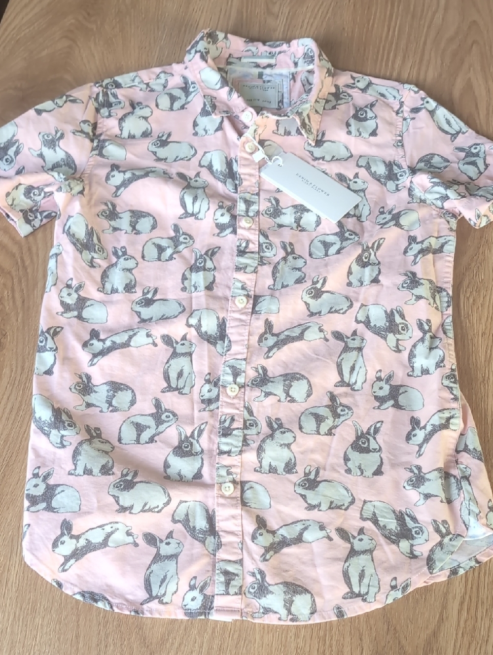 Denim & Flower Pink Bunny Print Short-Sleeve Button-Up Shirt for Kids - 11/12